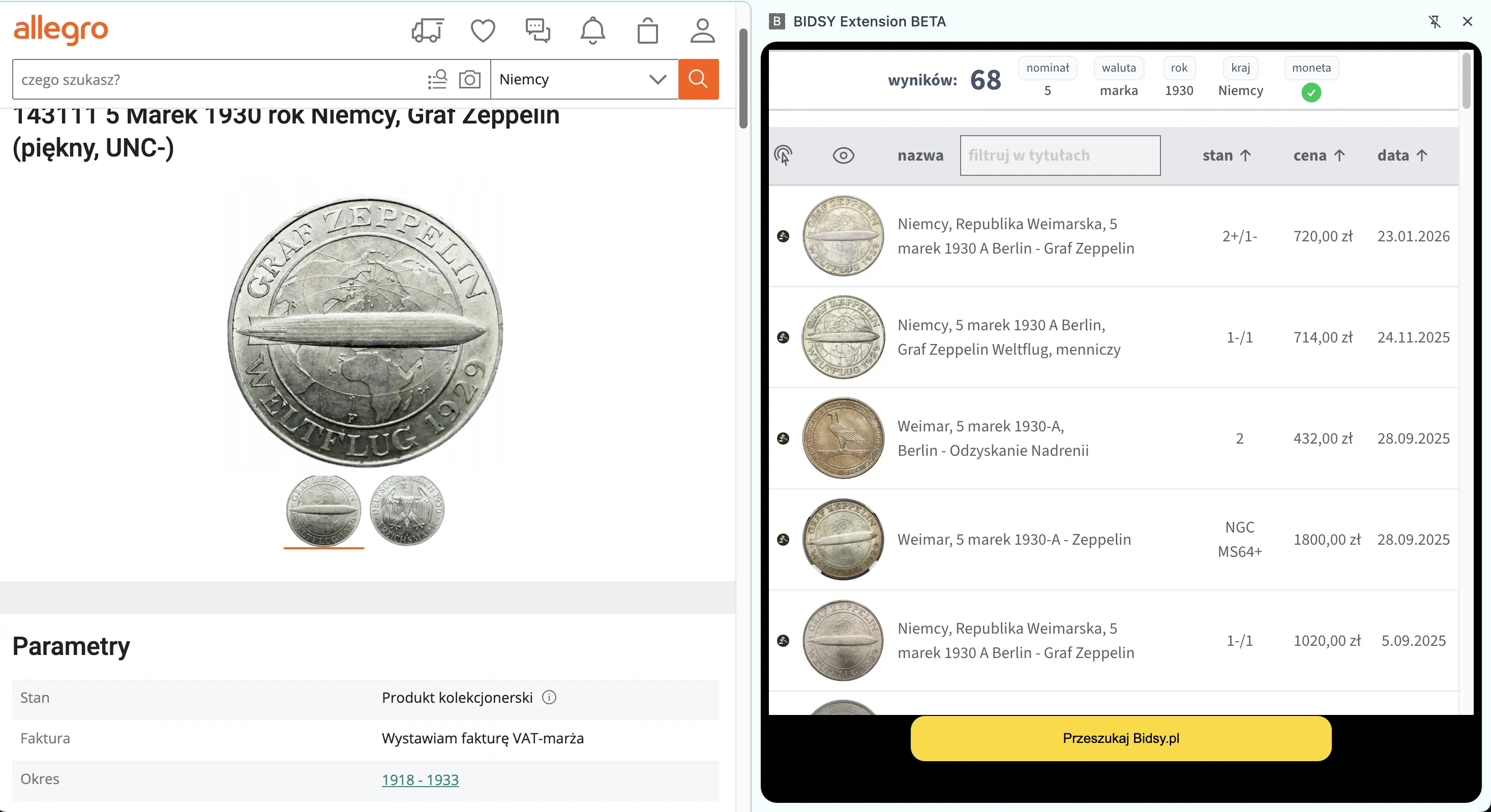 Wtyczka Bidsy - Interfejs wyszukiwania aukcji monet