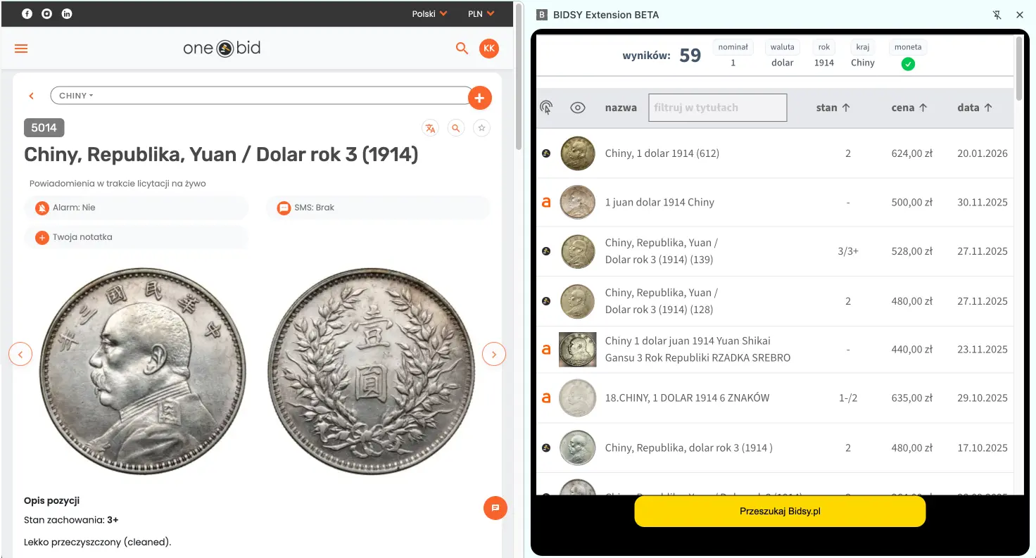 Wtyczka Bidsy - Wyniki wyszukiwania z historią cen