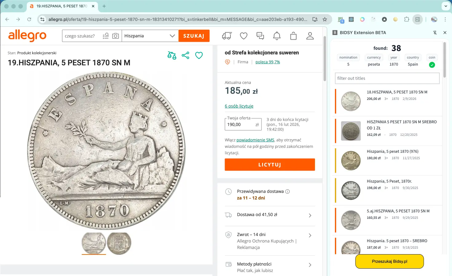 Wtyczka Bidsy - Ostatnio sprzedane monety i banknoty